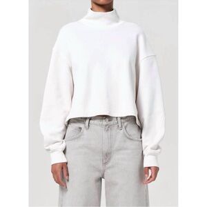 Agolde Isra Mock Neck Fleece Cotton Pullover White Large